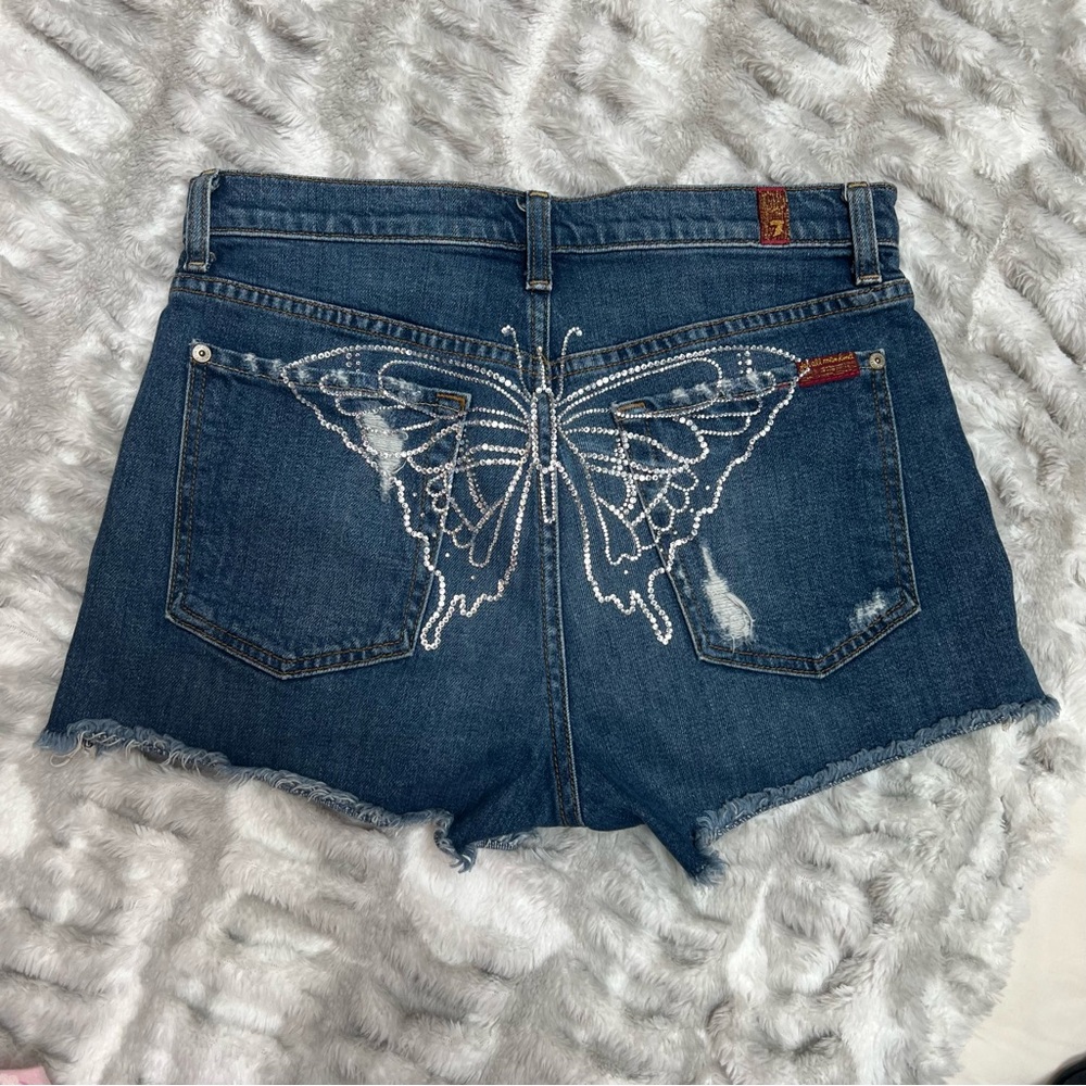 7 For All Mankind Blue Jean Shorts with Rhinestone Butterfly Design